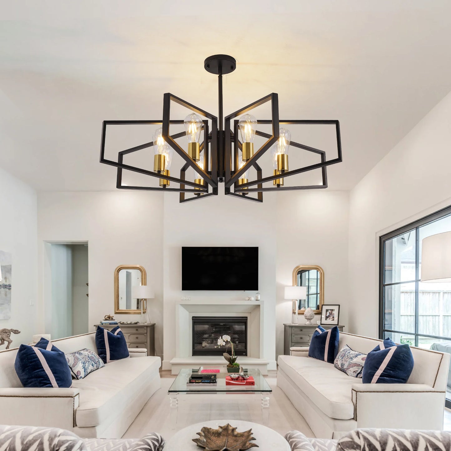 Geometric Eight Lamp Chandelier With Adjustable Height Pendant Light
