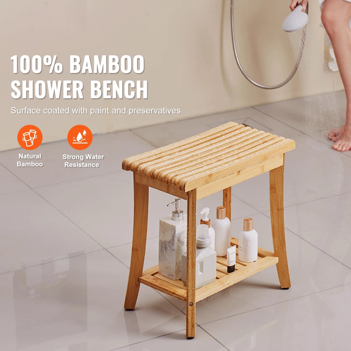 SucceBuy Bamboo Shower Bench With Storage Shelf 330 Lbs Capacity