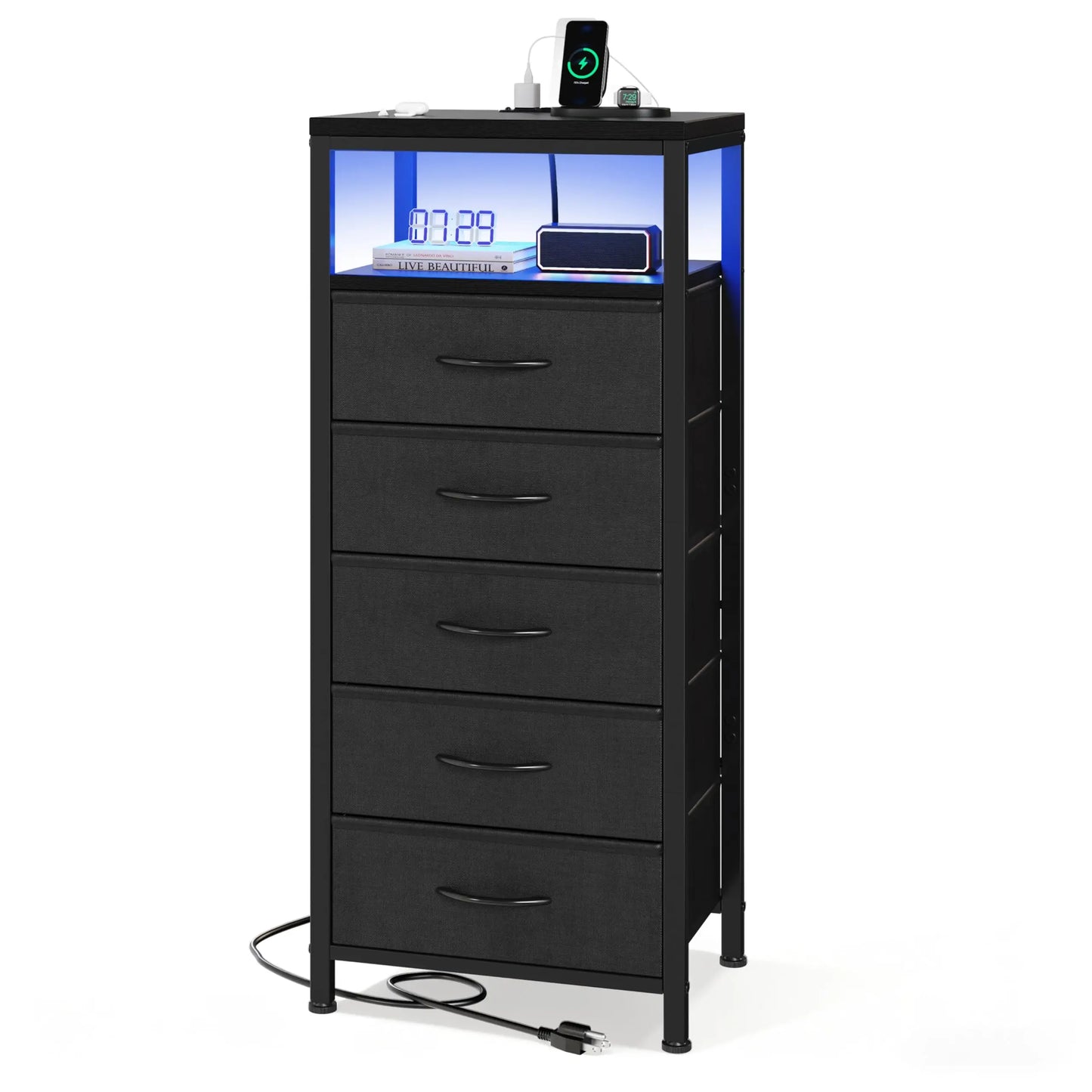 JHK 5-Drawer Dresser Nightstand With Charging Station
