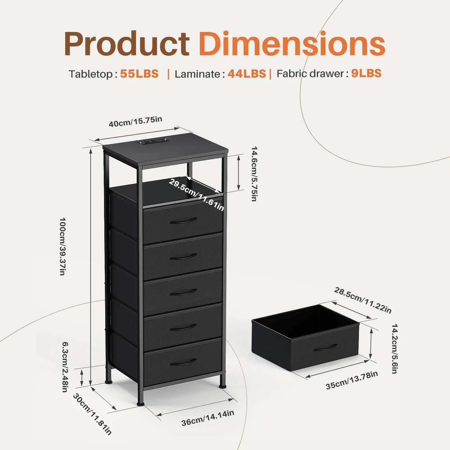 JHK 5-Drawer Dresser Nightstand With Charging Station