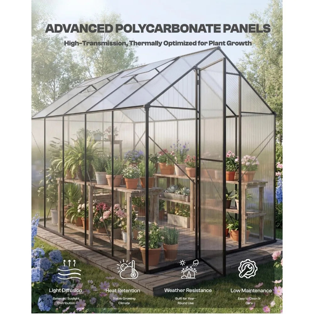 Outdoor Polycarbonate Greenhouse With Aluminum Frame And Roof Vent