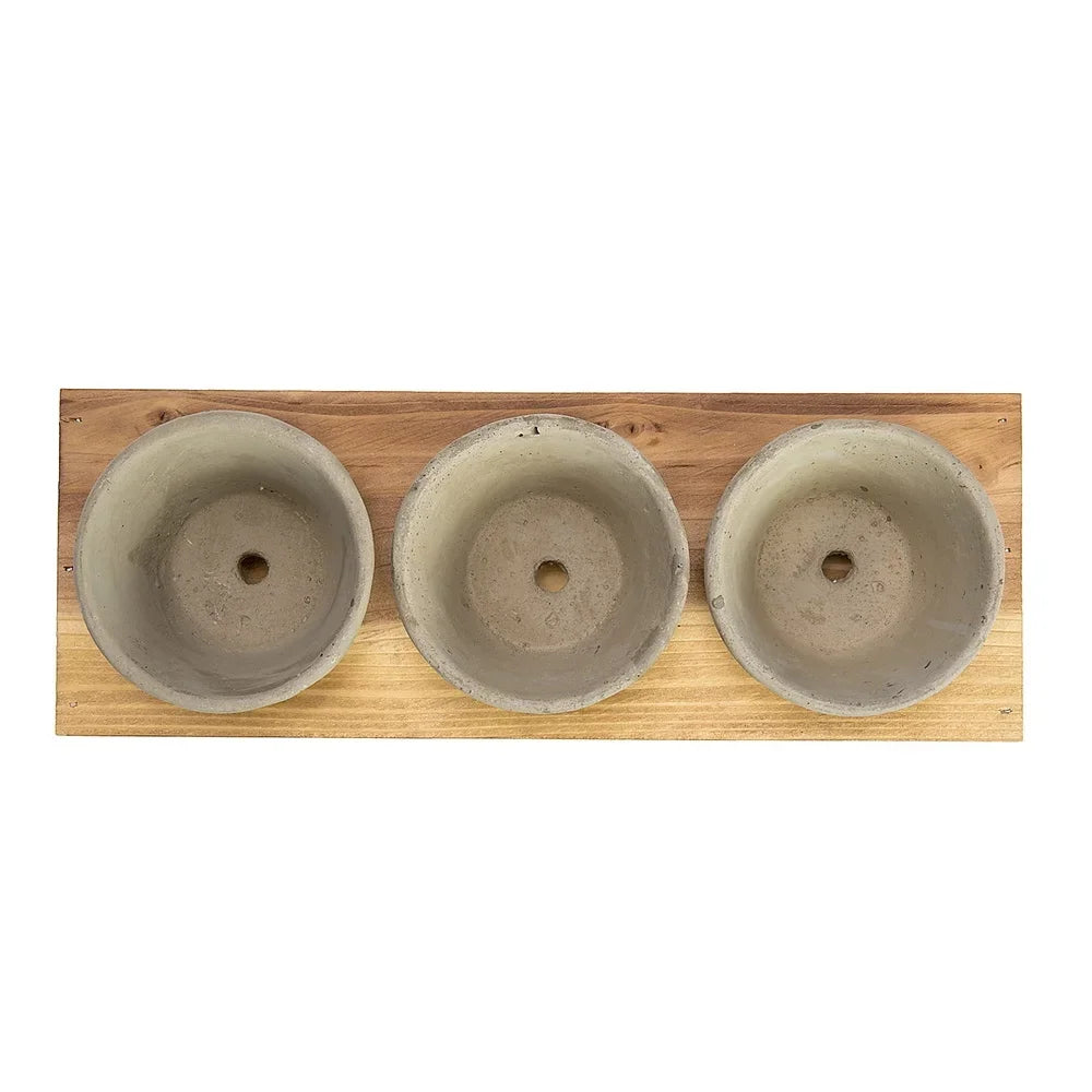 Three Small Concrete Succulent Planters With Wood Stand Drainage Holes