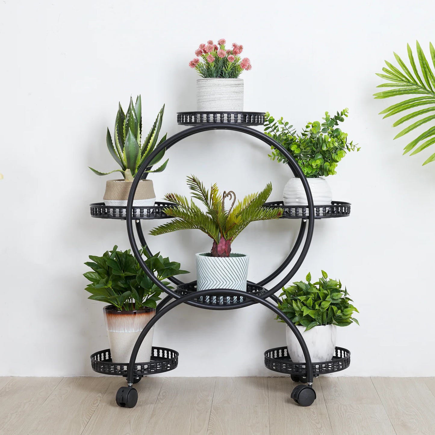 Six Pot Metal Plant Stand Garden Cart With Wheels Patio
