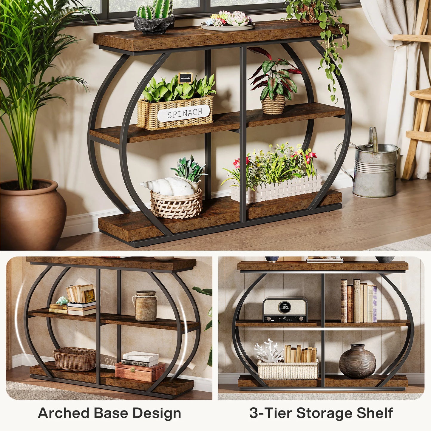 Tribesigns Three Tier Entryway Table With Arched Metal Storage Shelves
