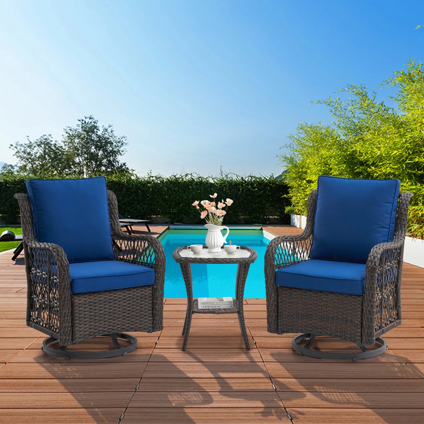HobbyLane 3 Piece Outdoor Wicker Swivel Chair Set With Rattan Side Table