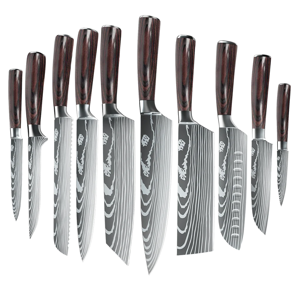 ZENG 10pcs Kitchen Knife Set Laser Damascus Pattern Ultra Sharp