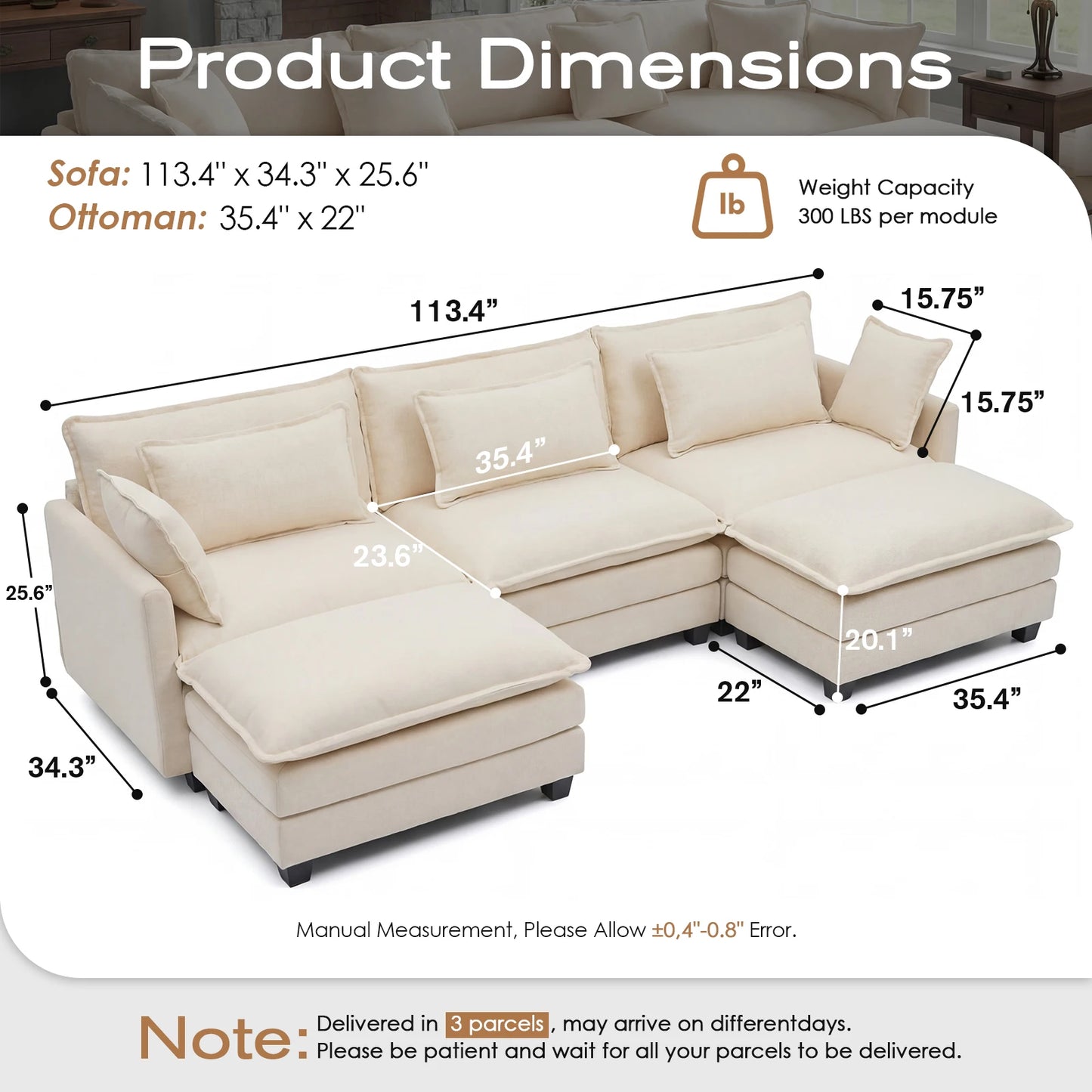 Redlife Modular Sectional Sofa with Ottoman for Living Room
