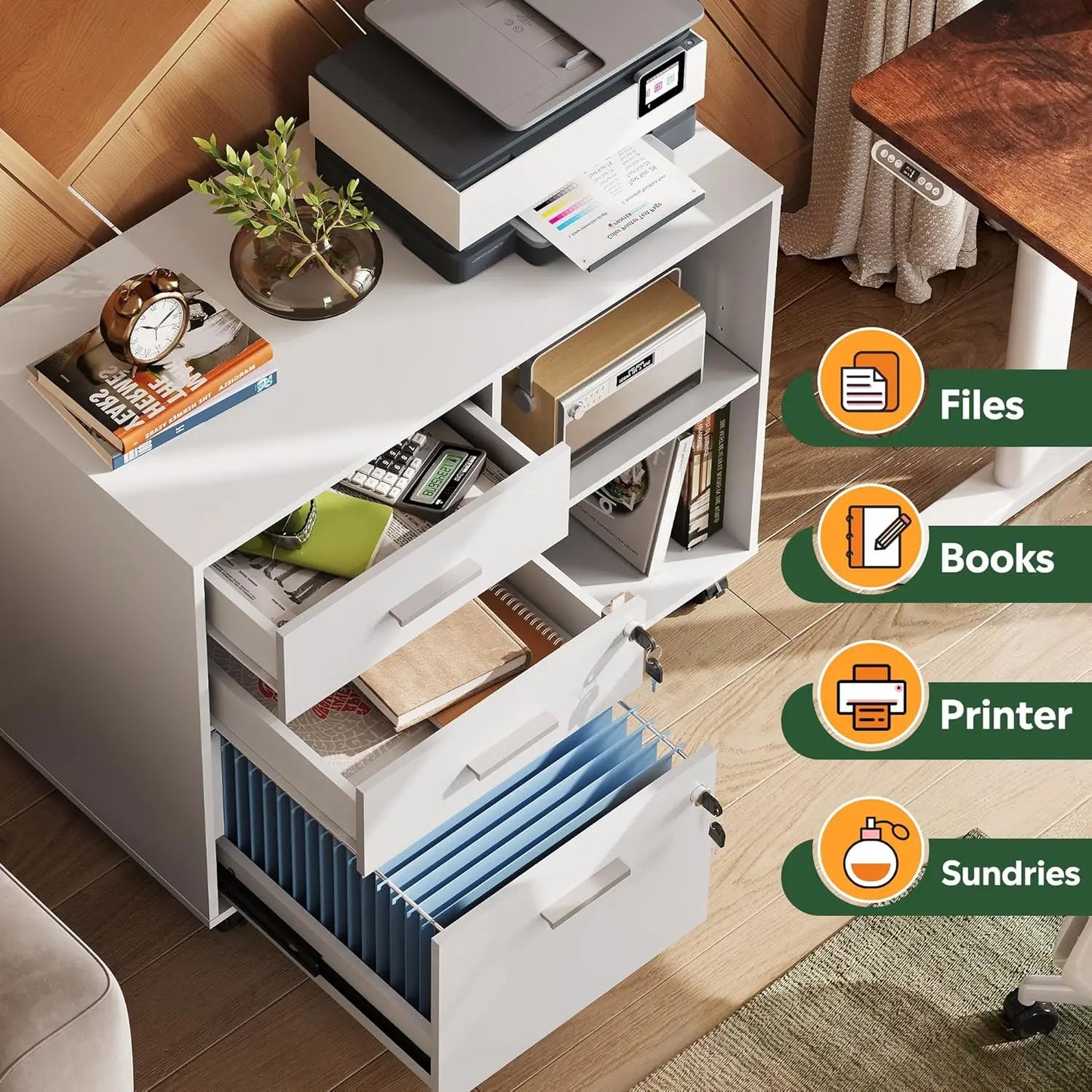 Multifunctional 3-Drawer File Cabinet With Lock And Rollers