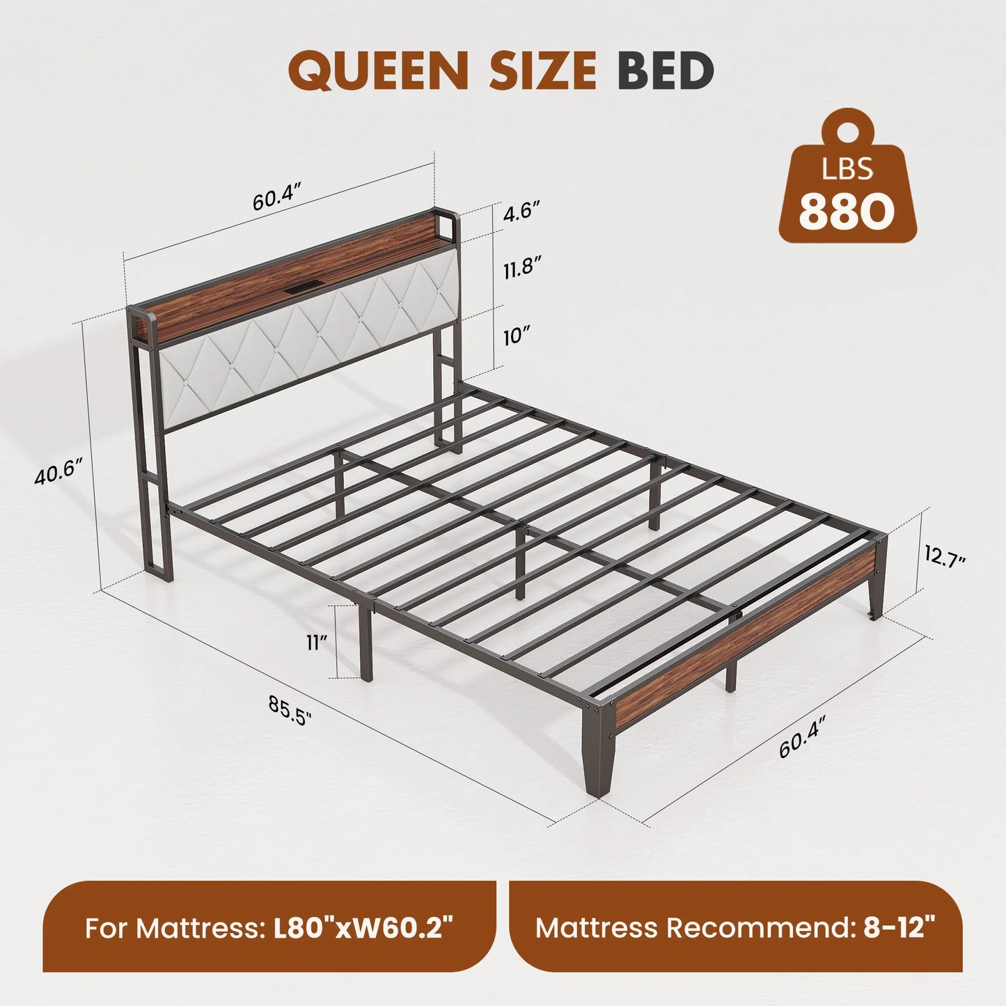 JHK Heavy Duty Metal Bed Frame With Headboard Charging Station 1100lbs Capacity