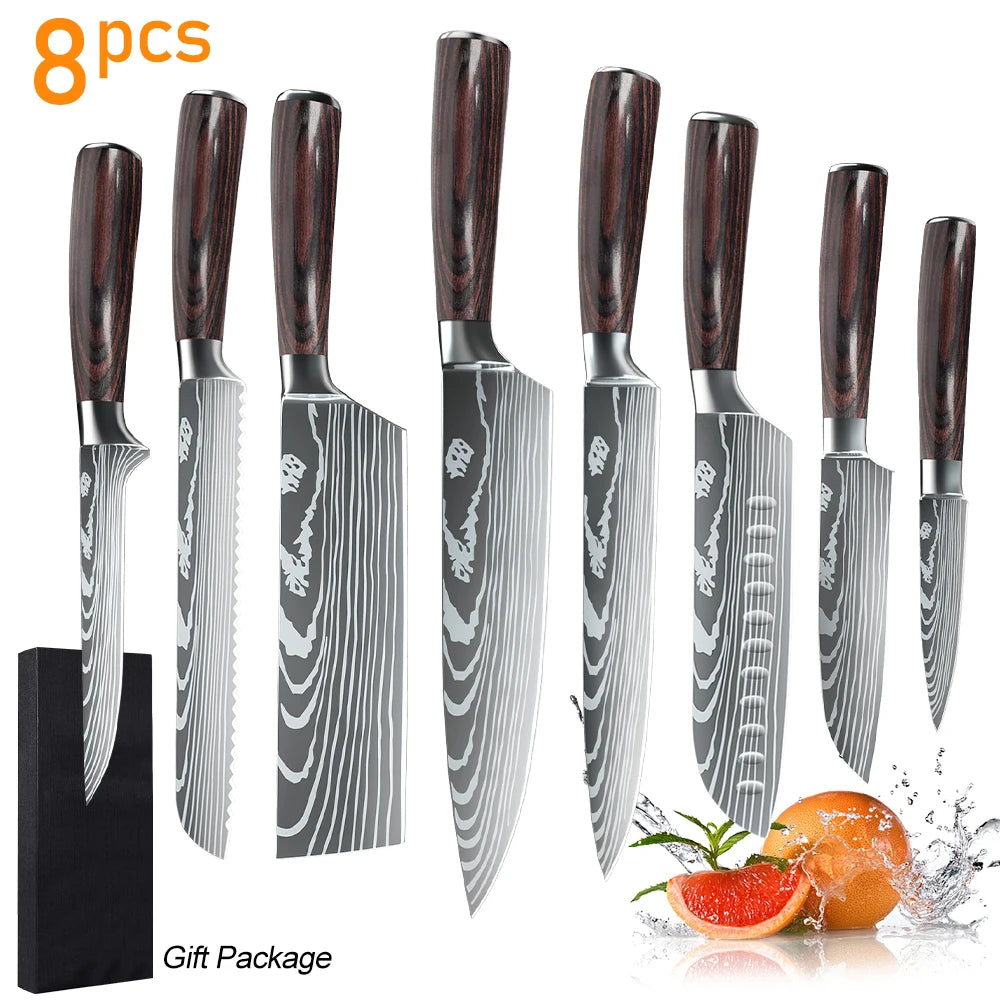 MDHAND 8 Piece Chef Knife Set Stainless Steel Damascus Pattern