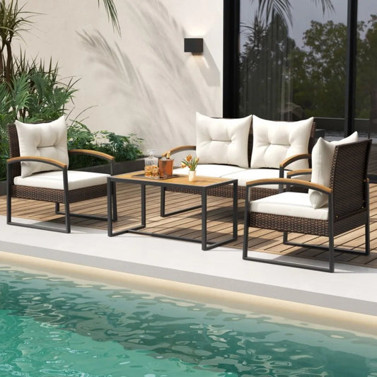 Patio Outdoor Rattan Conversation Sofa Set With Tabletop And Cushions