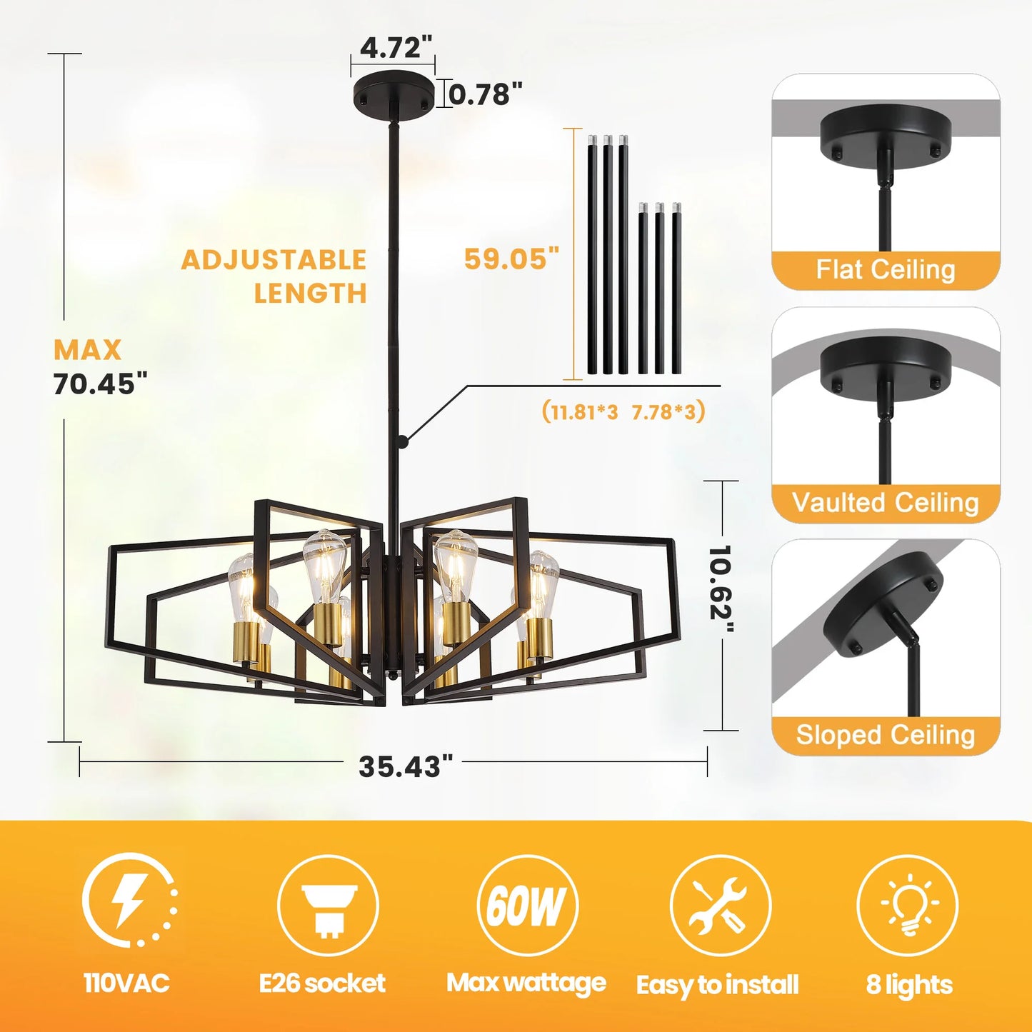 Geometric Eight Lamp Chandelier With Adjustable Height Pendant Light
