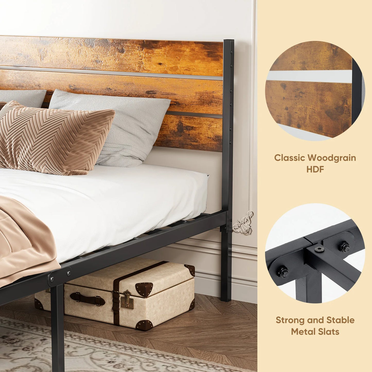 MCQ Wooden Headboard And Metal Bed Frame With Sturdy Slats