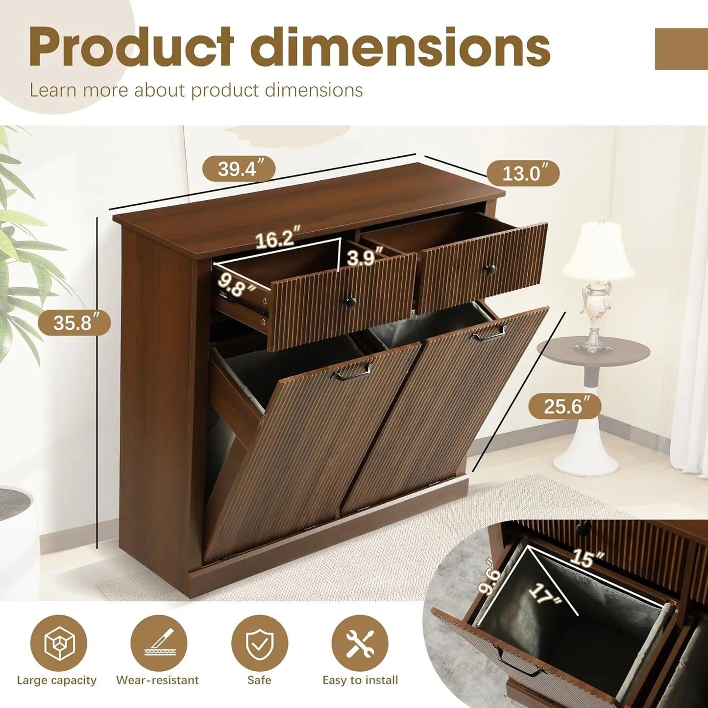 Tilt Out Fluted Laundry Hamper Cabinet Double Hidden Wooden Customized