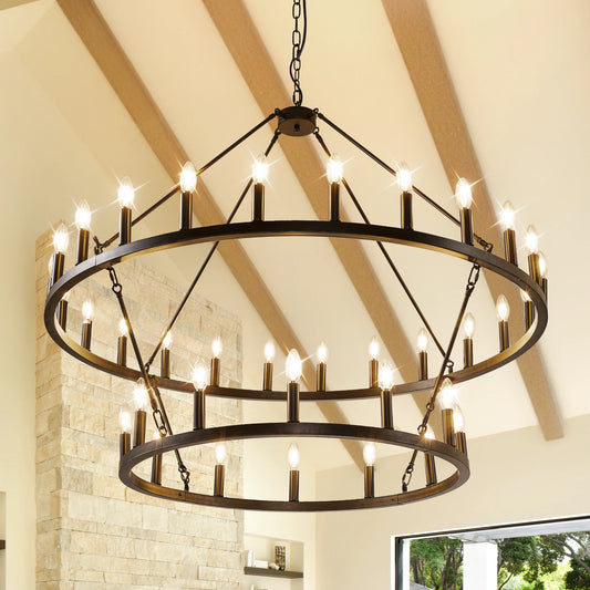 Wagon Wheel Chandelier Farmhouse Pendant Light 2 Tier 36 Lights
