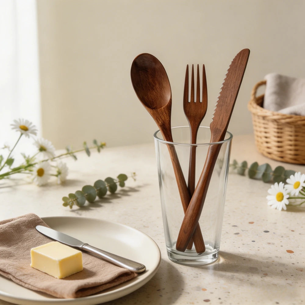 Wooden Utensils Set Spoon Fork Knife Flatware Kitchen Tableware