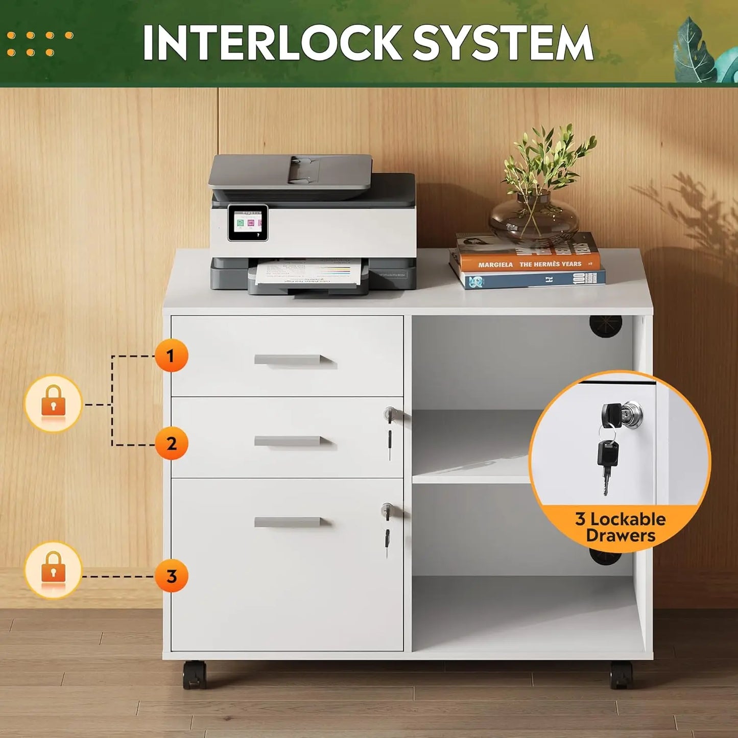 Multifunctional 3-Drawer File Cabinet With Lock And Rollers