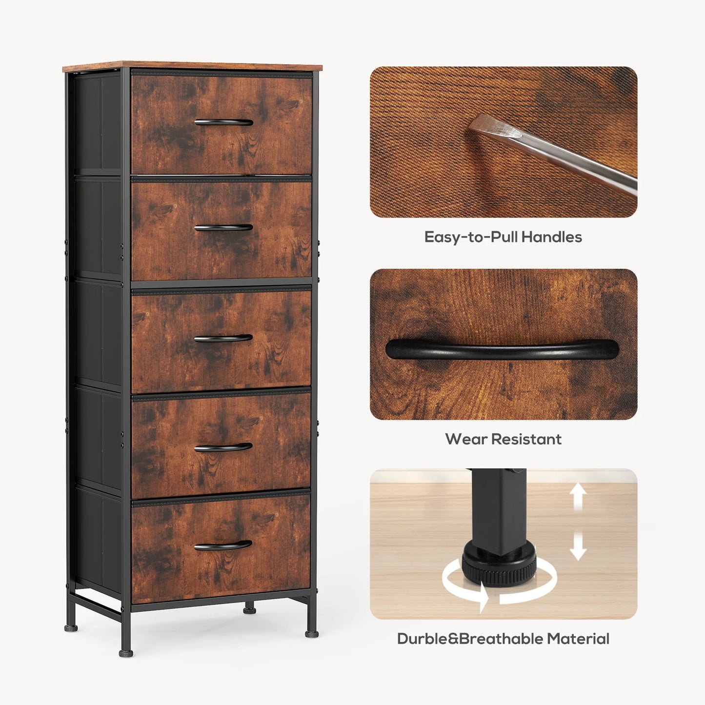 JHK 5 Drawer Dresser With Steel Frame For Bedroom Wardrobe