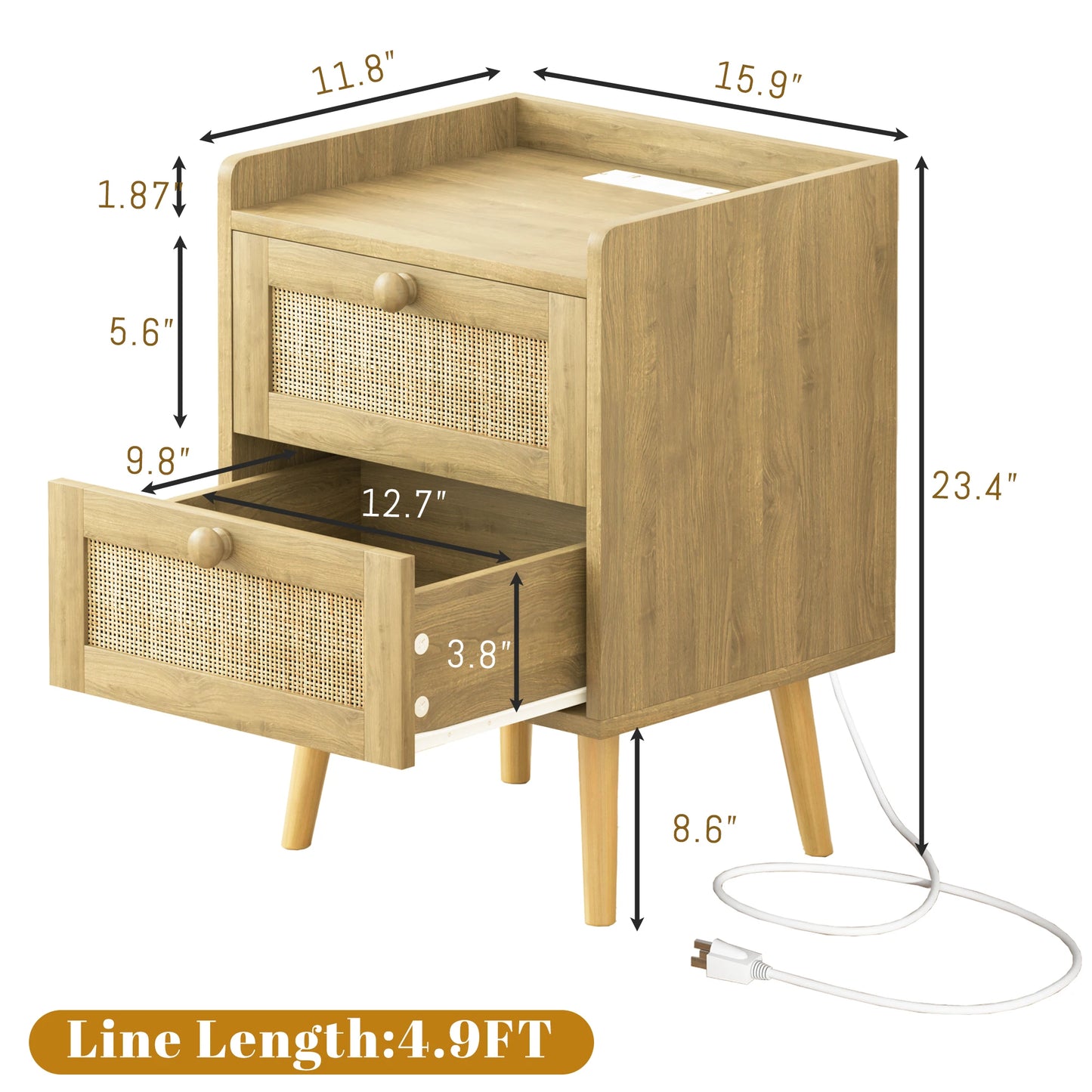 Rattan Nightstand With Charging Station Rustic Bedside Table With 2 Drawers