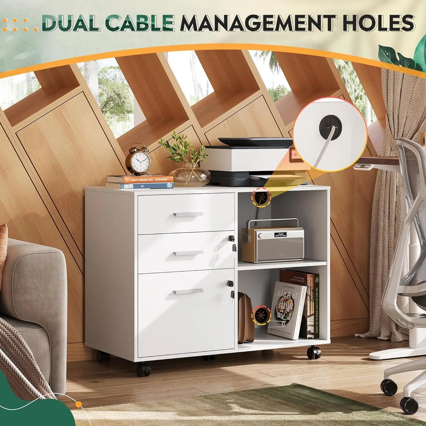 Multifunctional 3-Drawer File Cabinet With Lock And Rollers