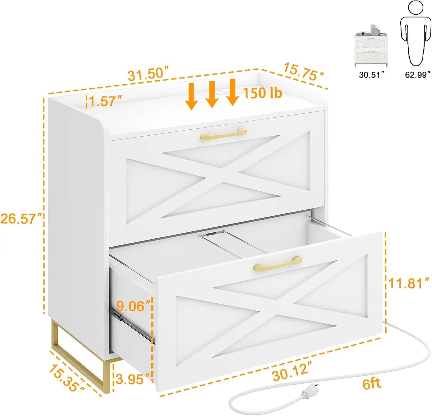 2-Drawer Lateral File Cabinet With Charging Station For Office Files
