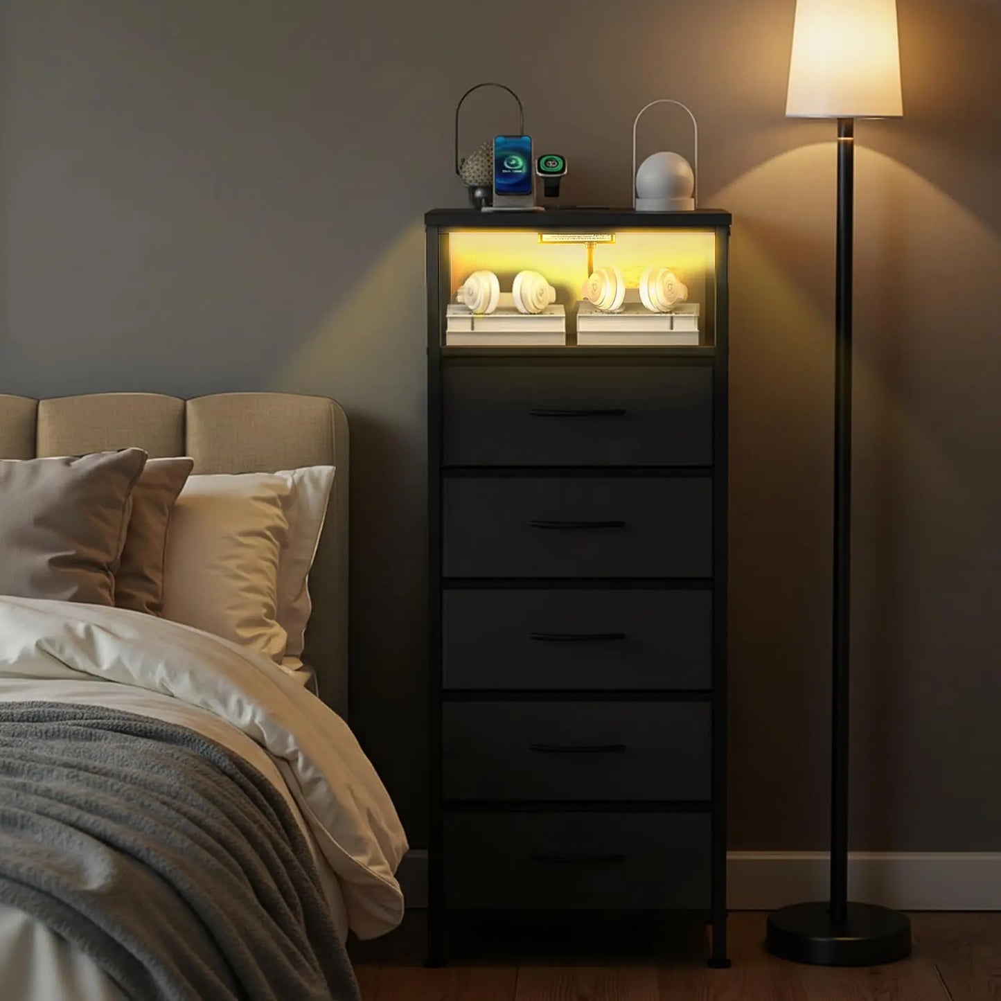 JHK 5-Drawer Dresser Nightstand With Charging Station