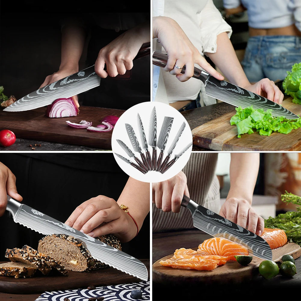 MDHAND 8 Piece Chef Knife Set Stainless Steel Damascus Pattern