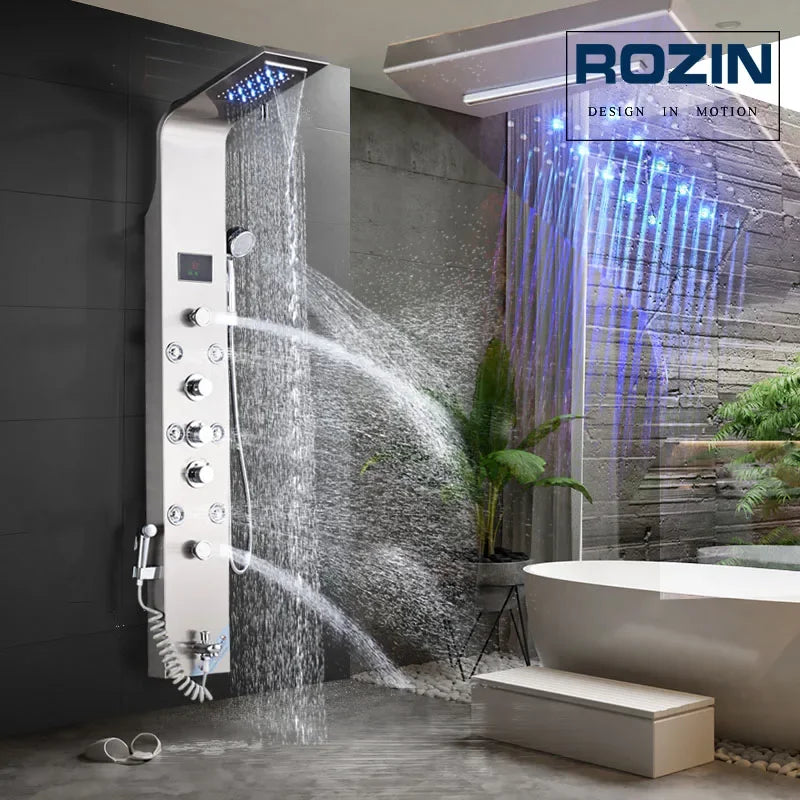 Rozin LED Shower Panel System With 6 Modes Rain Waterfall