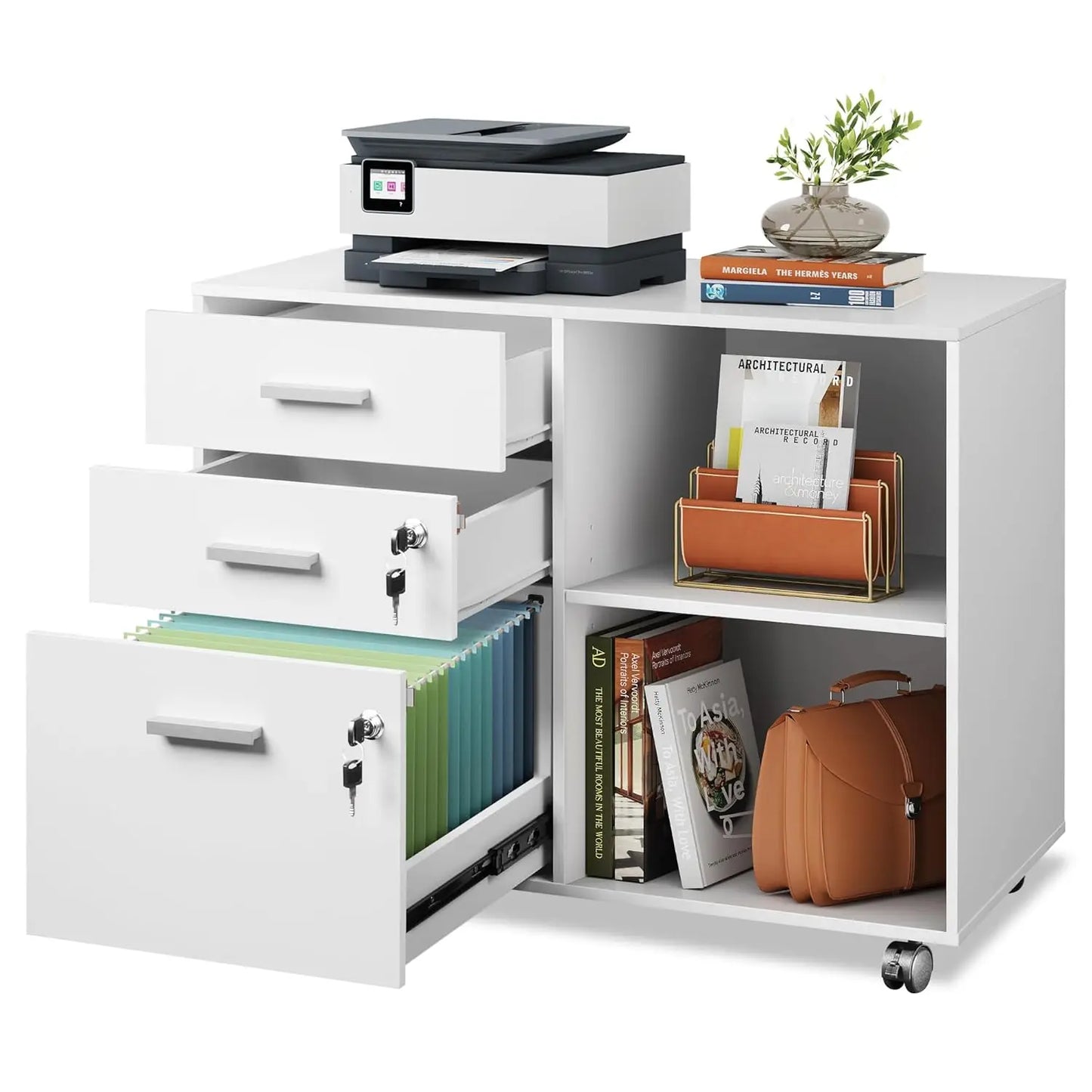 Multifunctional 3-Drawer File Cabinet With Lock And Rollers