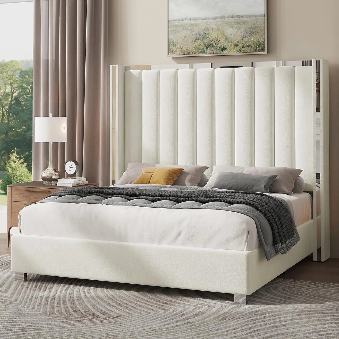 Velvet Platform Bed With Wingback Headboard Upholstered No Box Spring