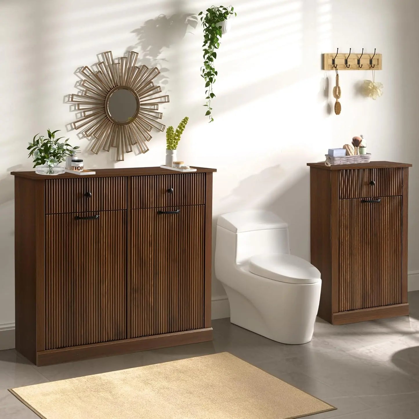 Tilt Out Fluted Laundry Hamper Cabinet Double Hidden Wooden Customized