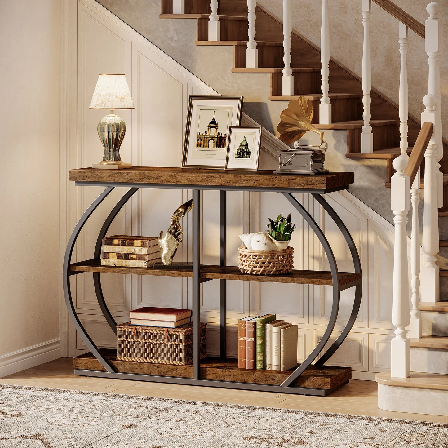 Tribesigns Three Tier Entryway Table With Arched Metal Storage Shelves