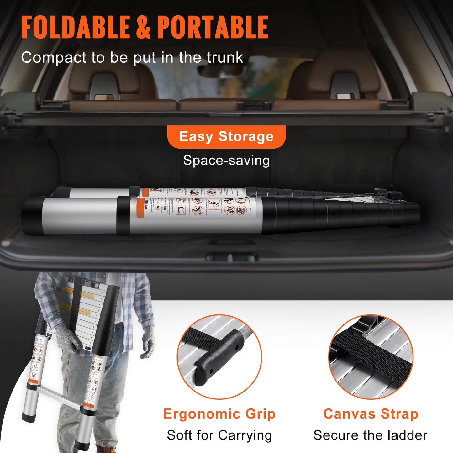 SucceBuy Telescoping Ladder Aluminum One Button Retraction Collapsible