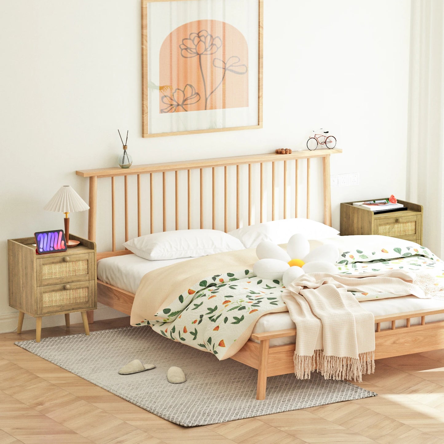 Rattan Nightstand With Charging Station Rustic Bedside Table With 2 Drawers
