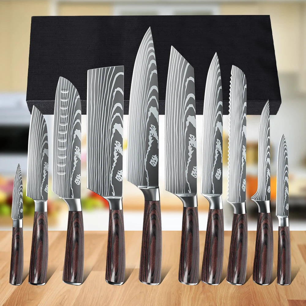 ZENG 10pcs Kitchen Knife Set Laser Damascus Pattern Ultra Sharp