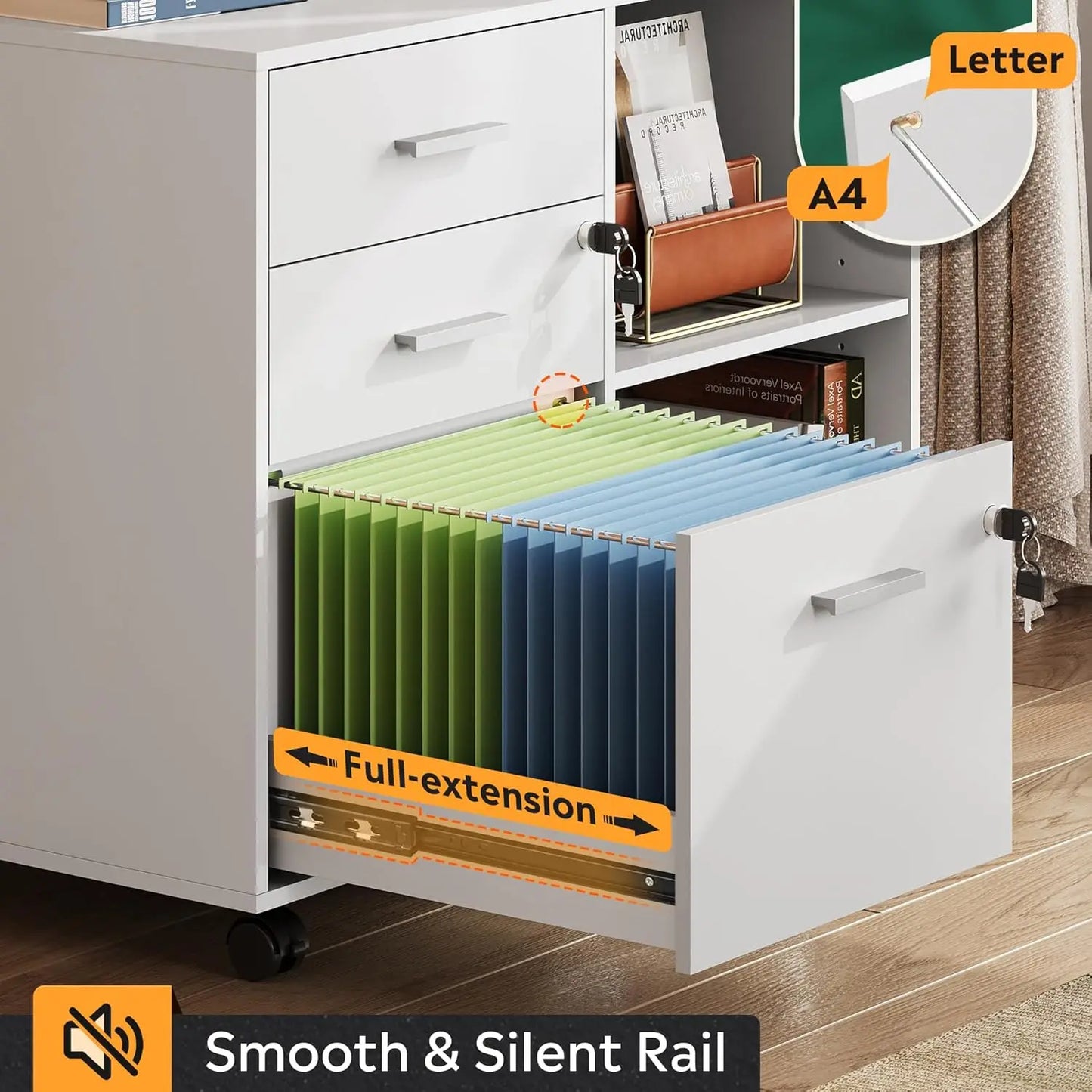 Multifunctional 3-Drawer File Cabinet With Lock And Rollers
