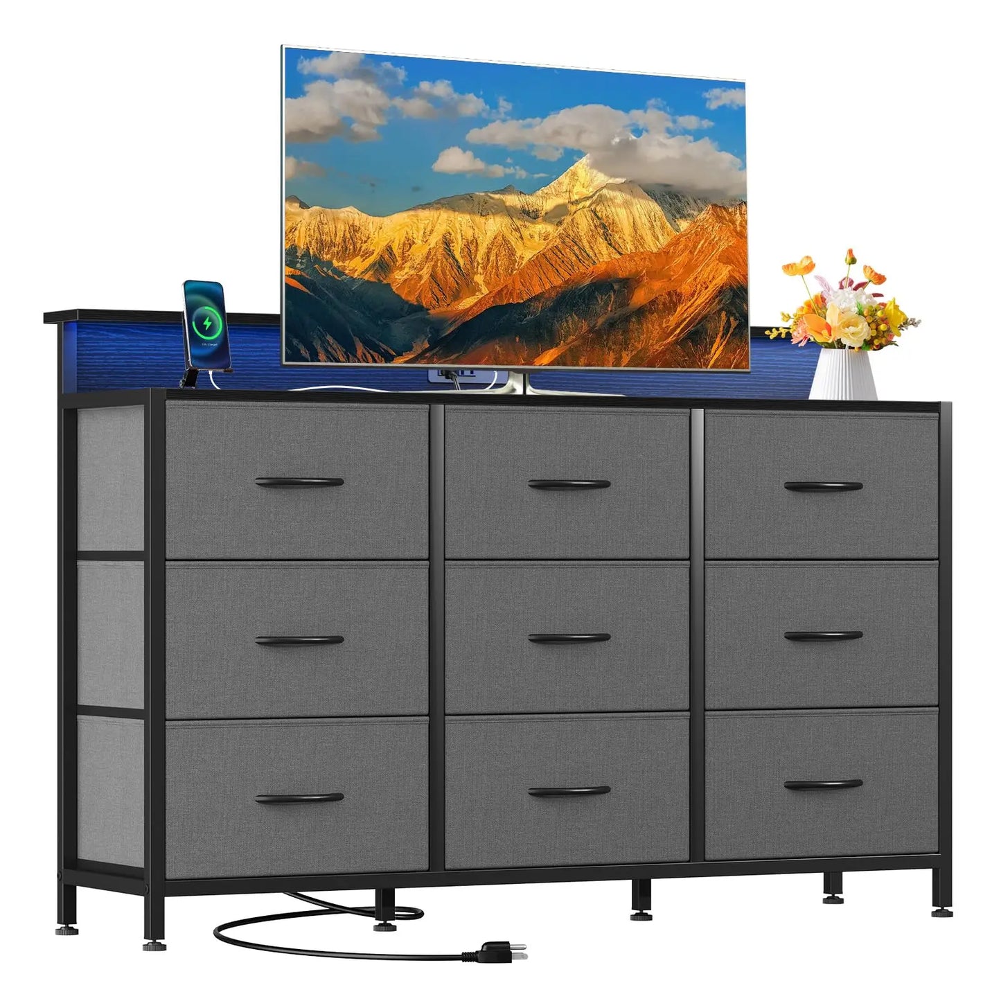 JHK TV Stand Dresser With Fabric Drawers Wood Top Console