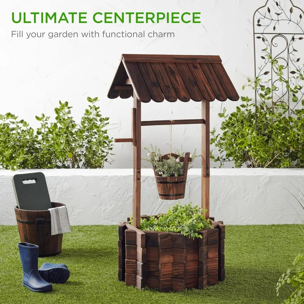 Rustic Wooden Wishing Well Planter for Patio Garden Outdoor Decor