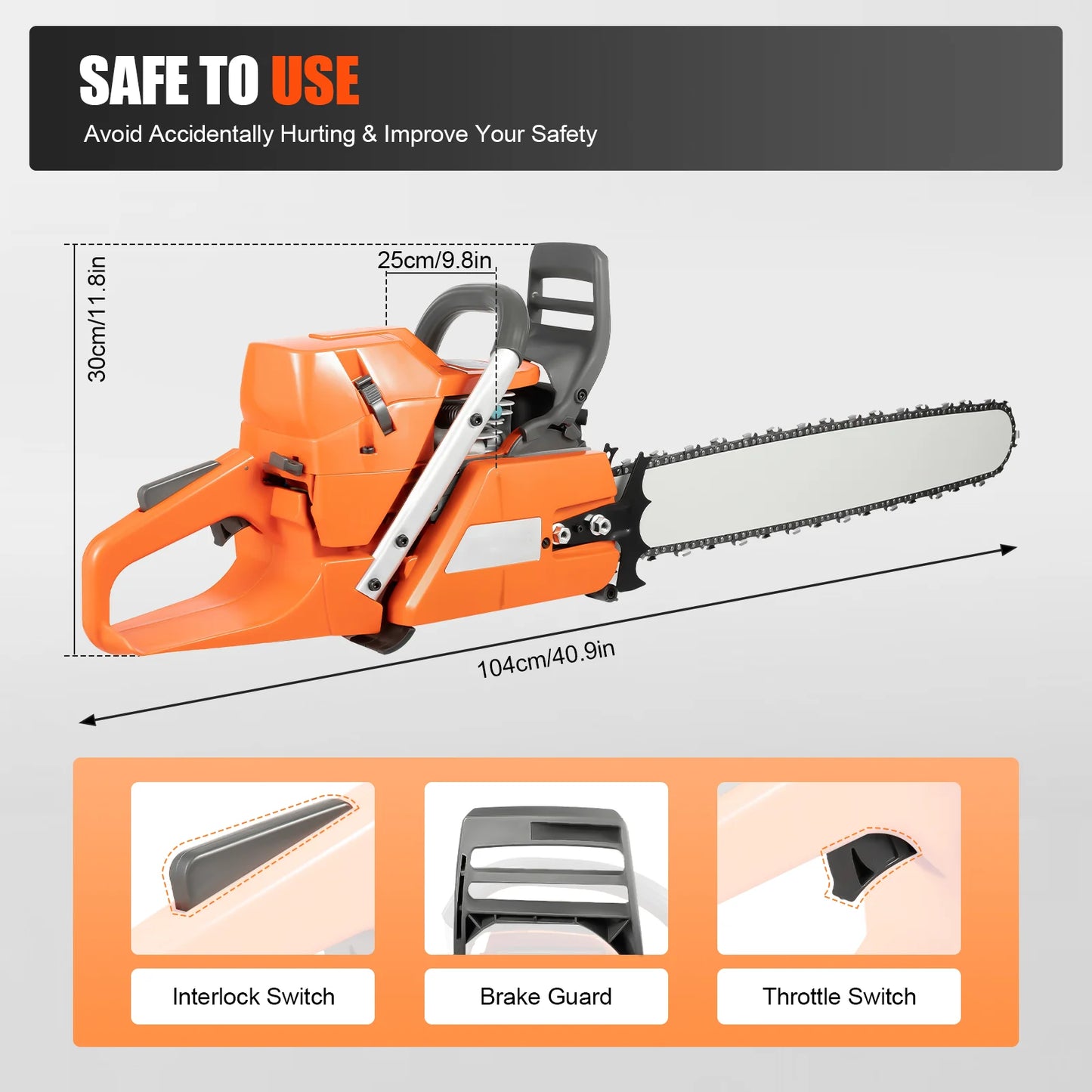 Gas Powered Chainsaw 71.8cc 3.9kW 2800 RPM for Tree Cutting
