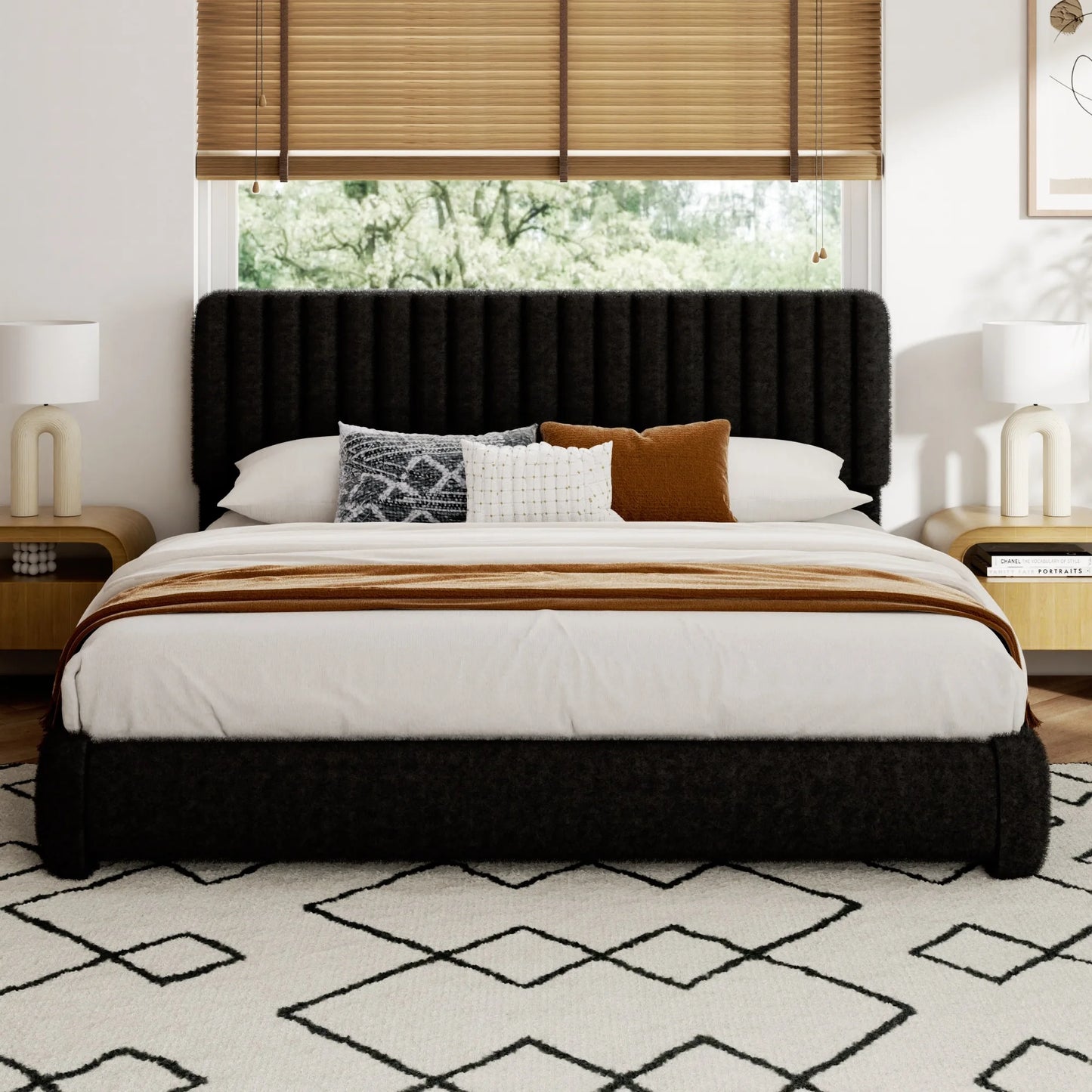 Boucle Upholstered Bed Frame With Adjustable Headboard Platform Bed