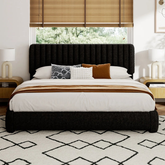 Boucle Upholstered Bed Frame With Adjustable Headboard Platform Bed