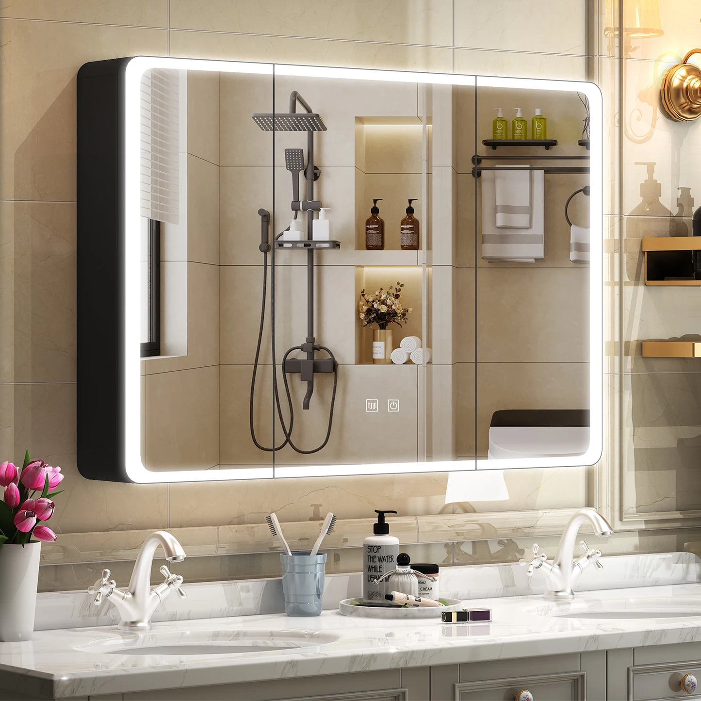 Onesaimei LED Bathroom Mirror Medicine Cabinet With Lights 2 Doors