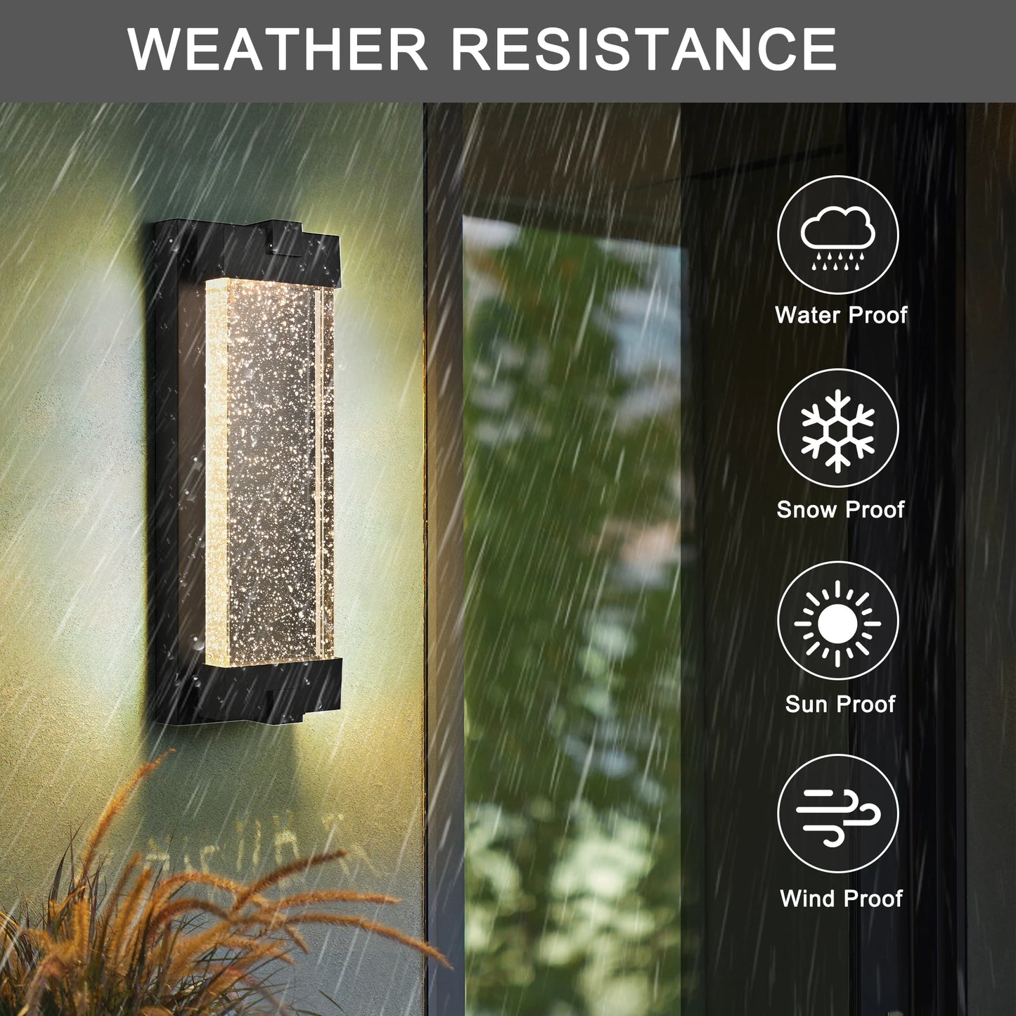 Black Large Aluminum Finish Outdoor Wall Light with Bubble Crystal Glass, LED Light Source, 3000K Warm Light, Weatherproof