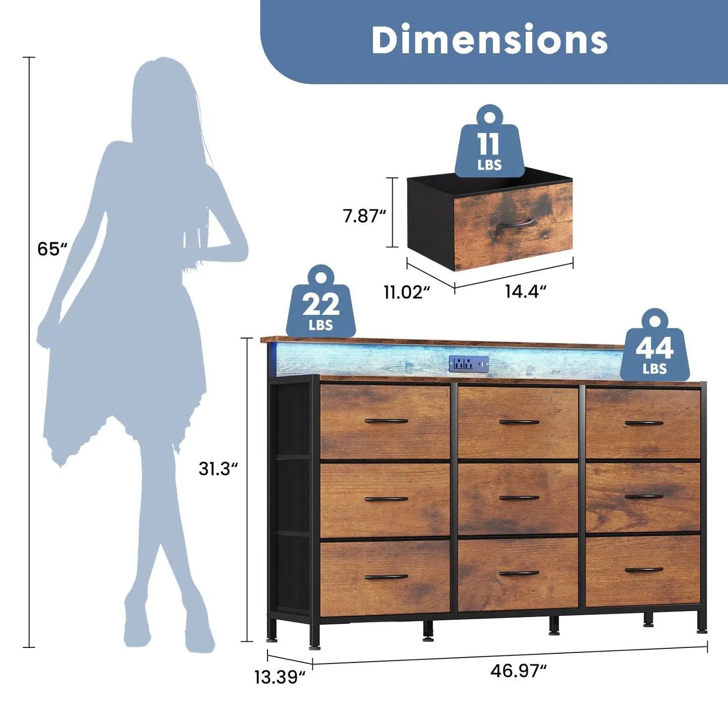 JHK TV Stand Dresser With Fabric Drawers Wood Top Console