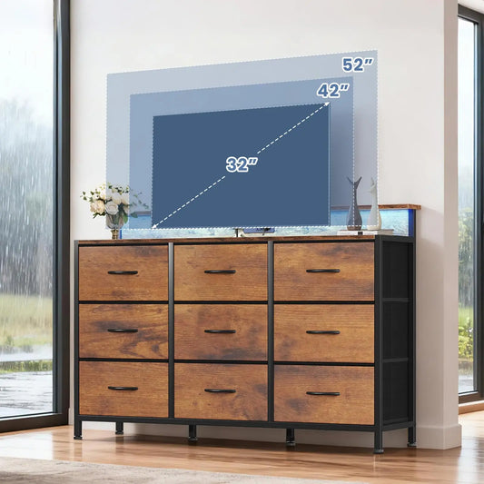 JHK TV Stand Dresser With Fabric Drawers Wood Top Console