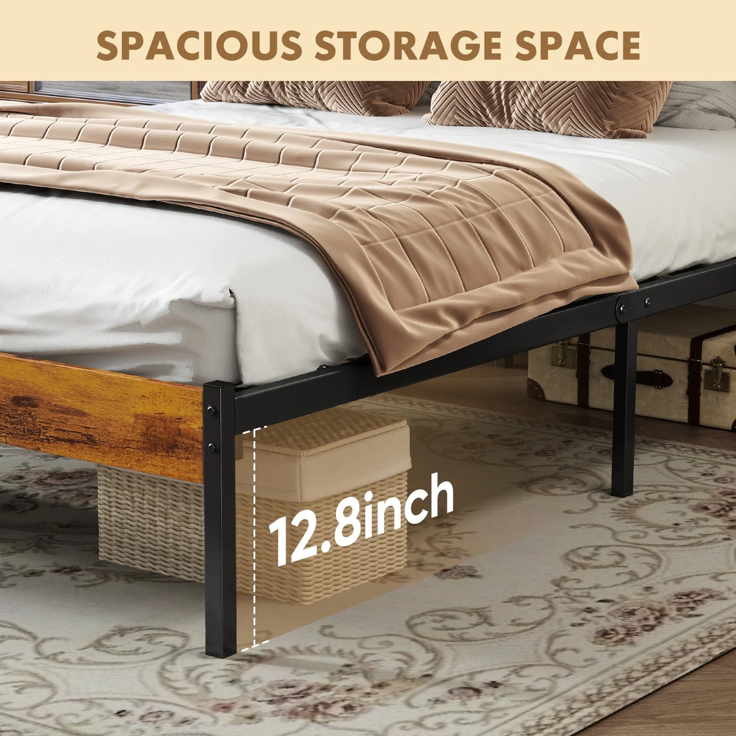 MCQ Wooden Headboard And Metal Bed Frame With Sturdy Slats