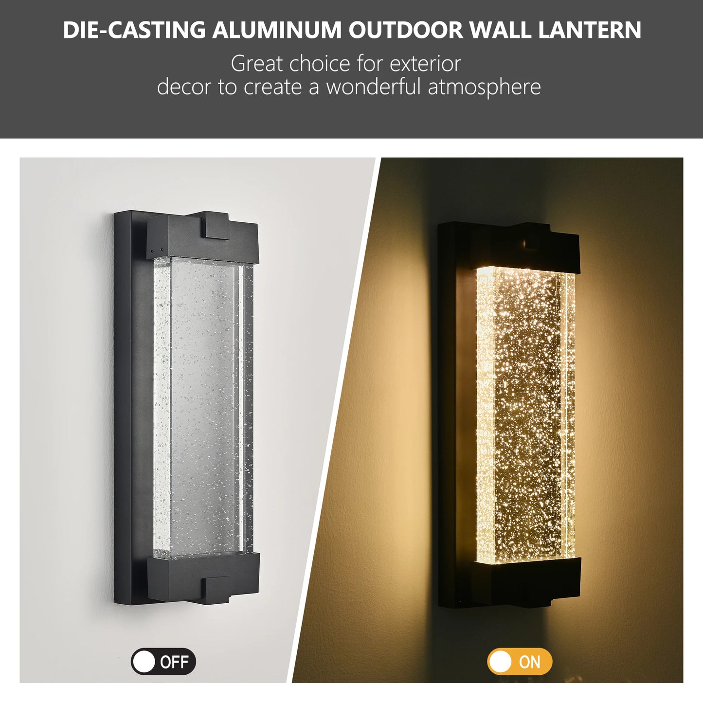 Black Large Aluminum Finish Outdoor Wall Light with Bubble Crystal Glass, LED Light Source, 3000K Warm Light, Weatherproof