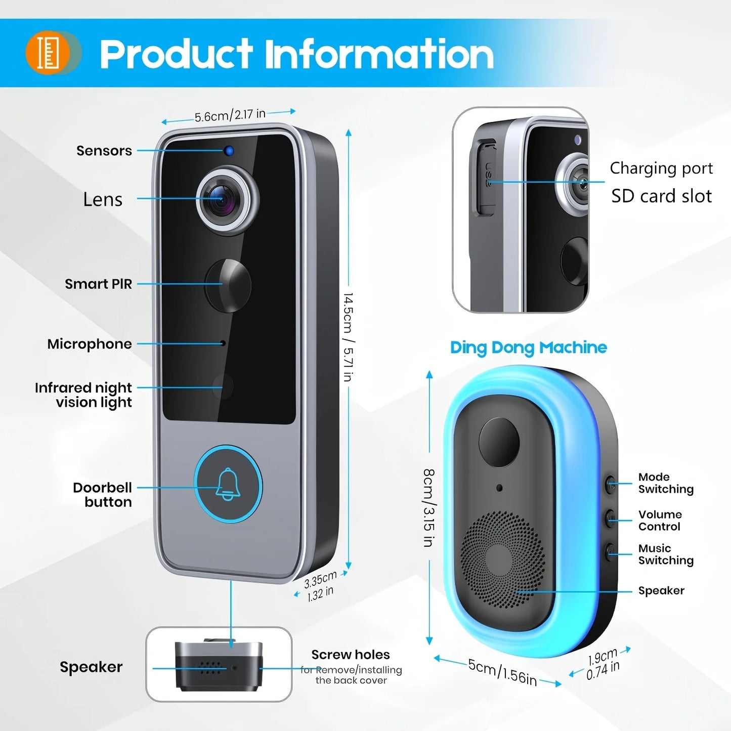 Wireless Smart Video Doorbell 1080P Battery Powered IP65 Outdoor