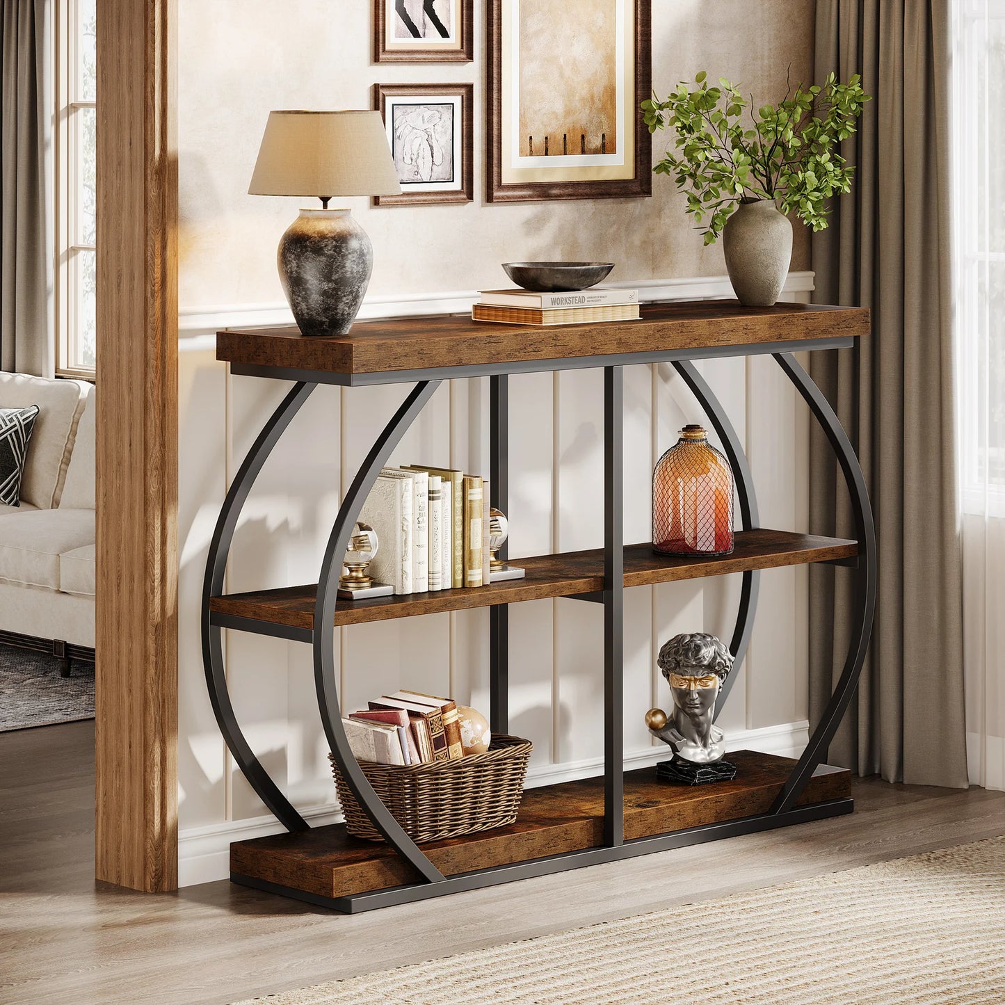 Tribesigns Three Tier Entryway Table With Arched Metal Storage Shelves