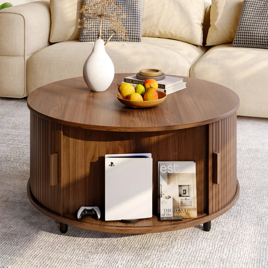 ONBRI Round Coffee Table With Storage And Sliding Door
